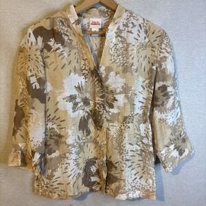 Ruby Rd Womens Button Up Top Beige Size 12 Floral Sheer‎ Long Sleeve V-Neck Chic